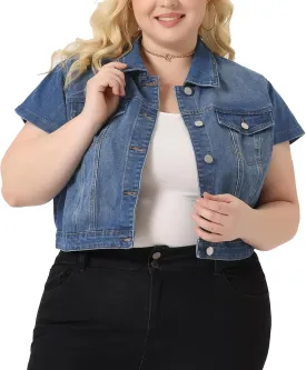 Agnes Orinda Plus Size Short Sleeve Denim Jackets for Women Button Washed Cropped Jean Jacket