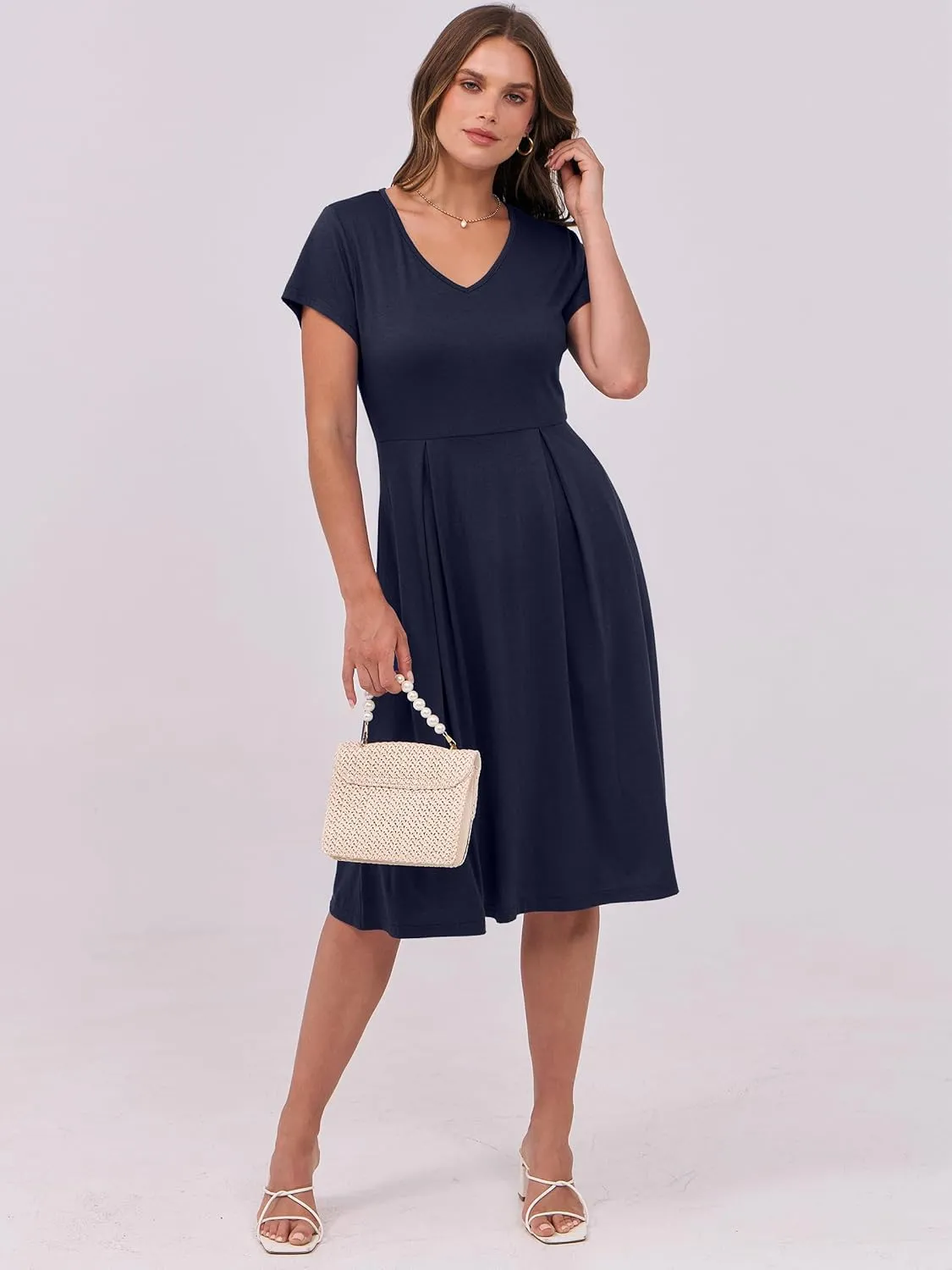 ANRABESS Women Summer Dress Casual Short Sleeve V Neck A-Line Knee Length Pleated Flowy 2025 Fashion Midi Dresses with Pocket