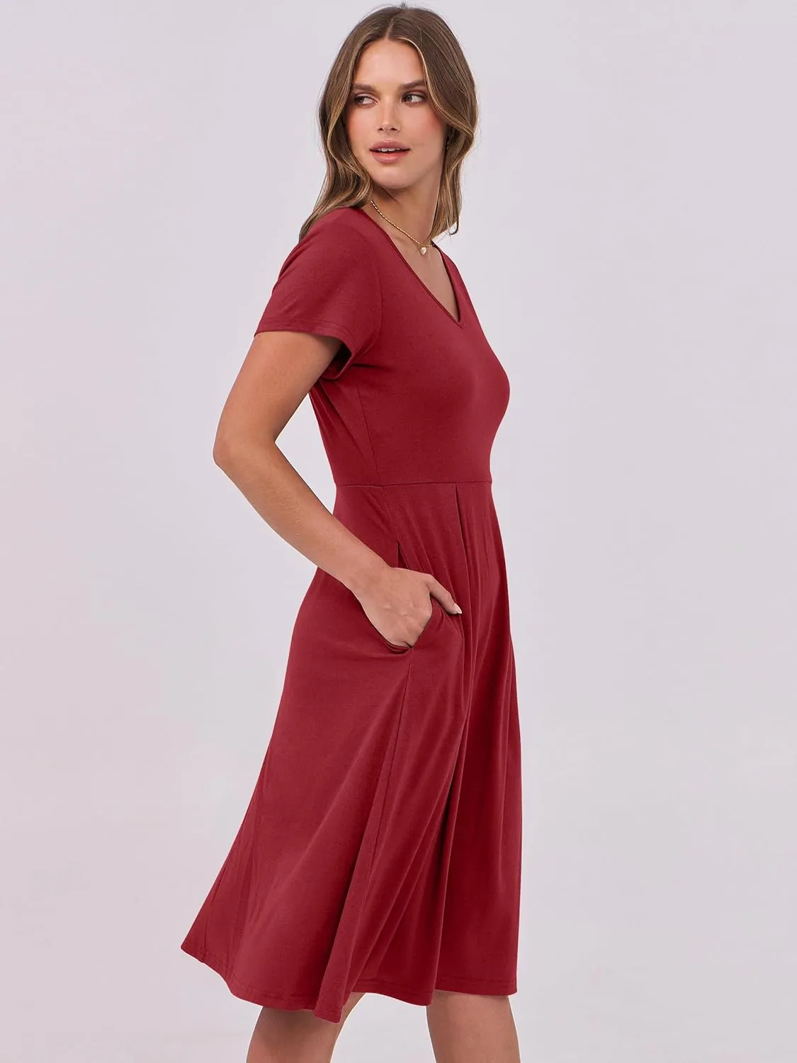ANRABESS Women Summer Dress Casual Short Sleeve V Neck A-Line Knee Length Pleated Flowy 2025 Fashion Midi Dresses with Pocket