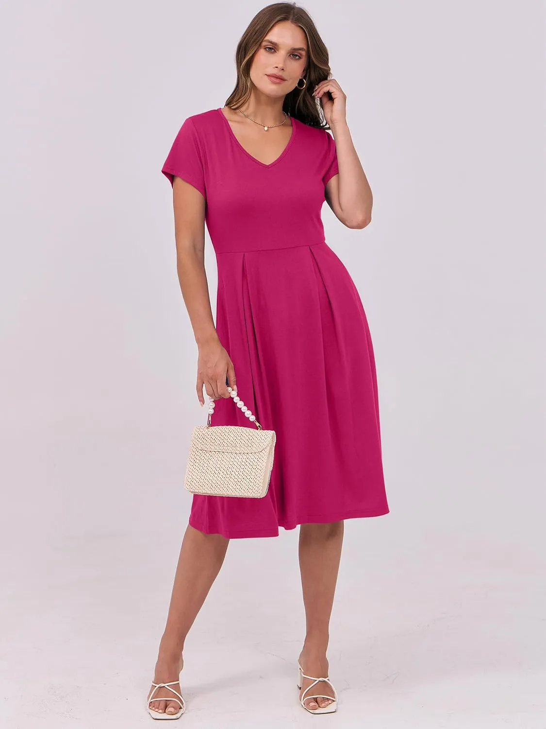 ANRABESS Women Summer Dress Casual Short Sleeve V Neck A-Line Knee Length Pleated Flowy 2025 Fashion Midi Dresses with Pocket