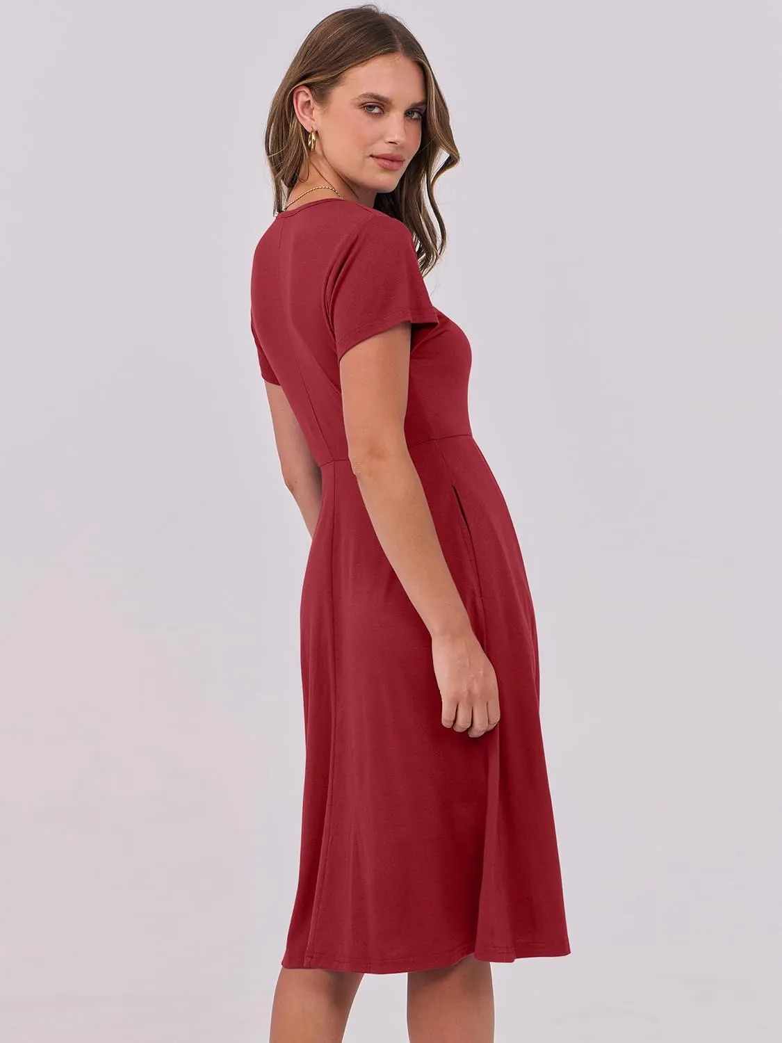 ANRABESS Women Summer Dress Casual Short Sleeve V Neck A-Line Knee Length Pleated Flowy 2025 Fashion Midi Dresses with Pocket