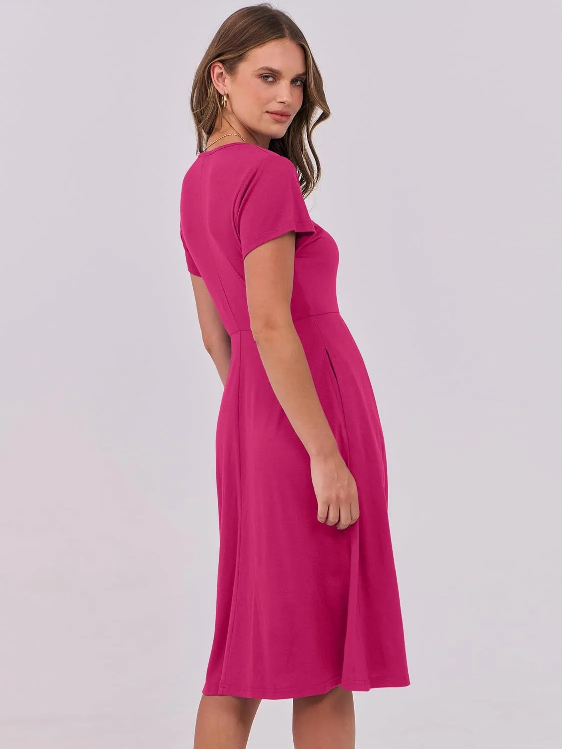ANRABESS Women Summer Dress Casual Short Sleeve V Neck A-Line Knee Length Pleated Flowy 2025 Fashion Midi Dresses with Pocket