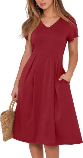 ANRABESS Women Summer Dress Casual Short Sleeve V Neck A-Line Knee Length Pleated Flowy 2025 Fashion Midi Dresses with Pocket