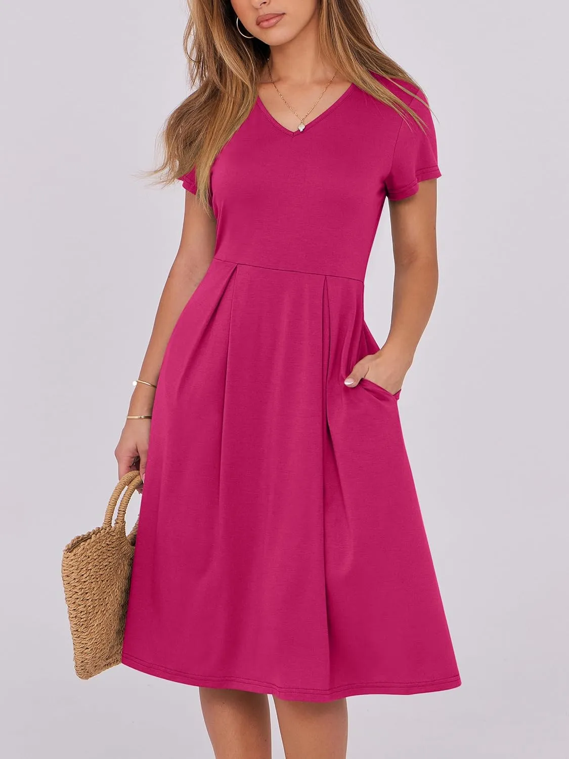 ANRABESS Women Summer Dress Casual Short Sleeve V Neck A-Line Knee Length Pleated Flowy 2025 Fashion Midi Dresses with Pocket