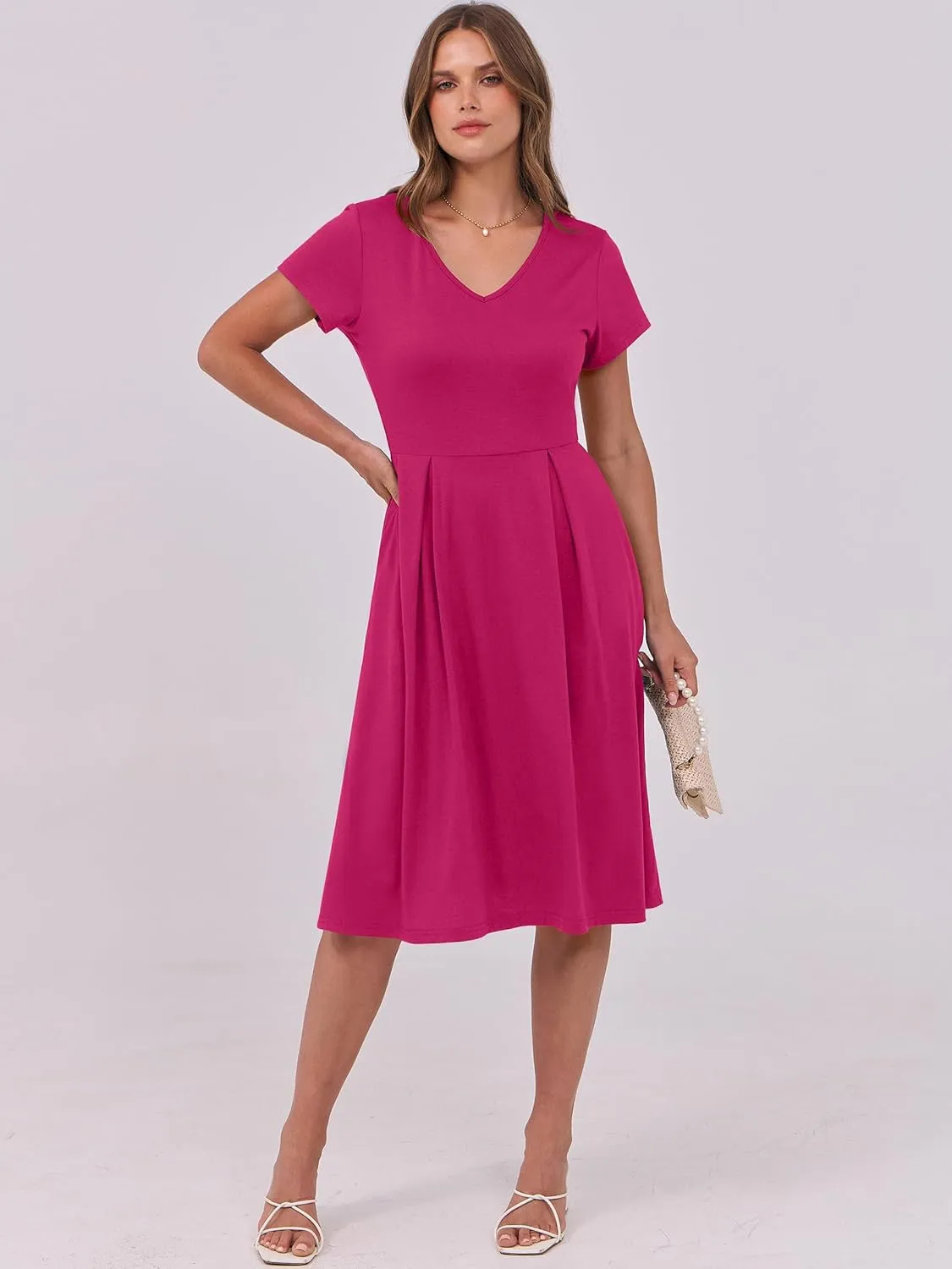 ANRABESS Women Summer Dress Casual Short Sleeve V Neck A-Line Knee Length Pleated Flowy 2025 Fashion Midi Dresses with Pocket