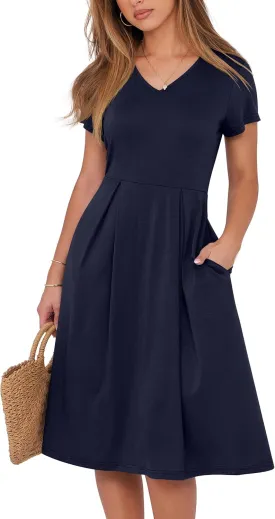 ANRABESS Women Summer Dress Casual Short Sleeve V Neck A-Line Knee Length Pleated Flowy 2025 Fashion Midi Dresses with Pocket