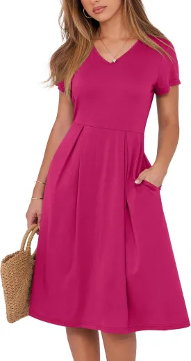 ANRABESS Women Summer Dress Casual Short Sleeve V Neck A-Line Knee Length Pleated Flowy 2025 Fashion Midi Dresses with Pocket