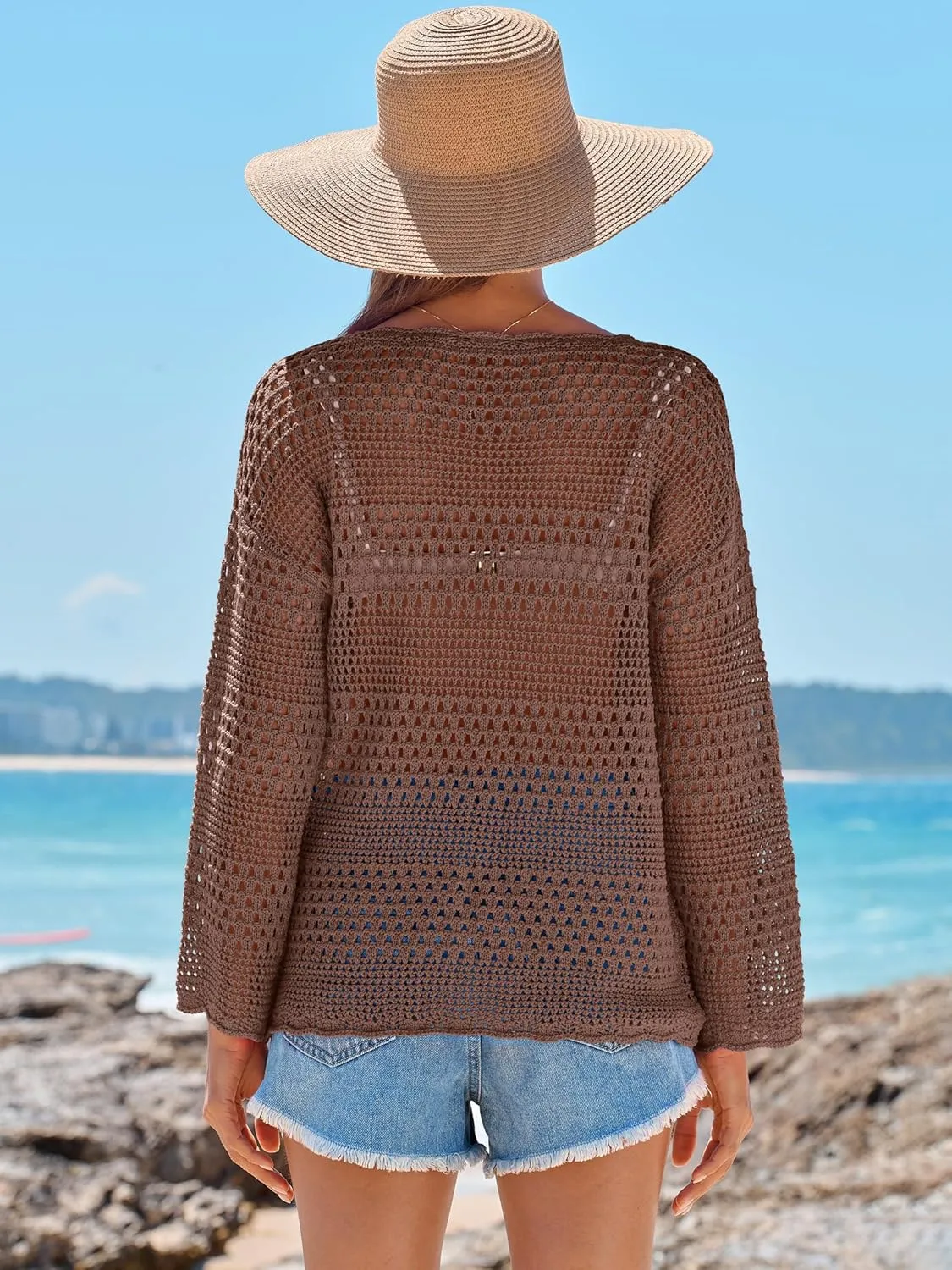 ANRABESS Womens Crochet Cover Up Summer Long Sleeve Loose Fit Casual Sweater Tops Hollow Out Knit Swimwear 2025 Beach Shirts