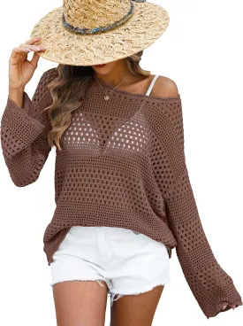 ANRABESS Womens Crochet Cover Up Summer Long Sleeve Loose Fit Casual Sweater Tops Hollow Out Knit Swimwear 2025 Beach Shirts