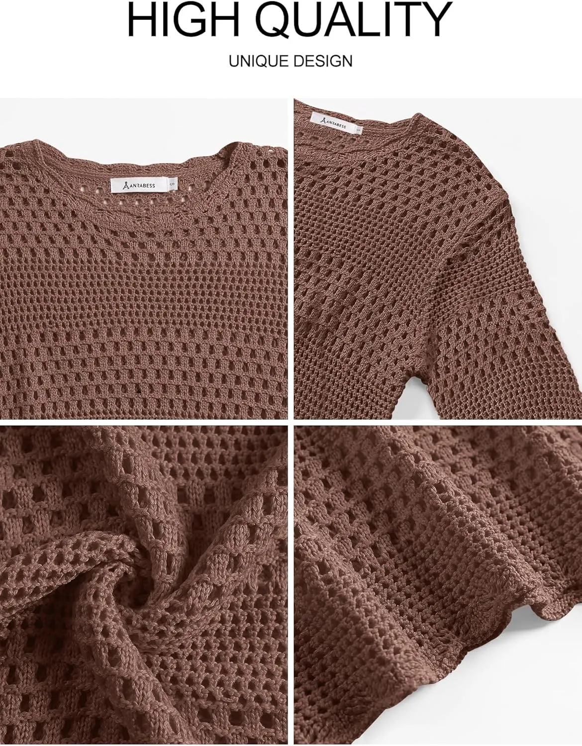 ANRABESS Womens Crochet Cover Up Summer Long Sleeve Loose Fit Casual Sweater Tops Hollow Out Knit Swimwear 2025 Beach Shirts