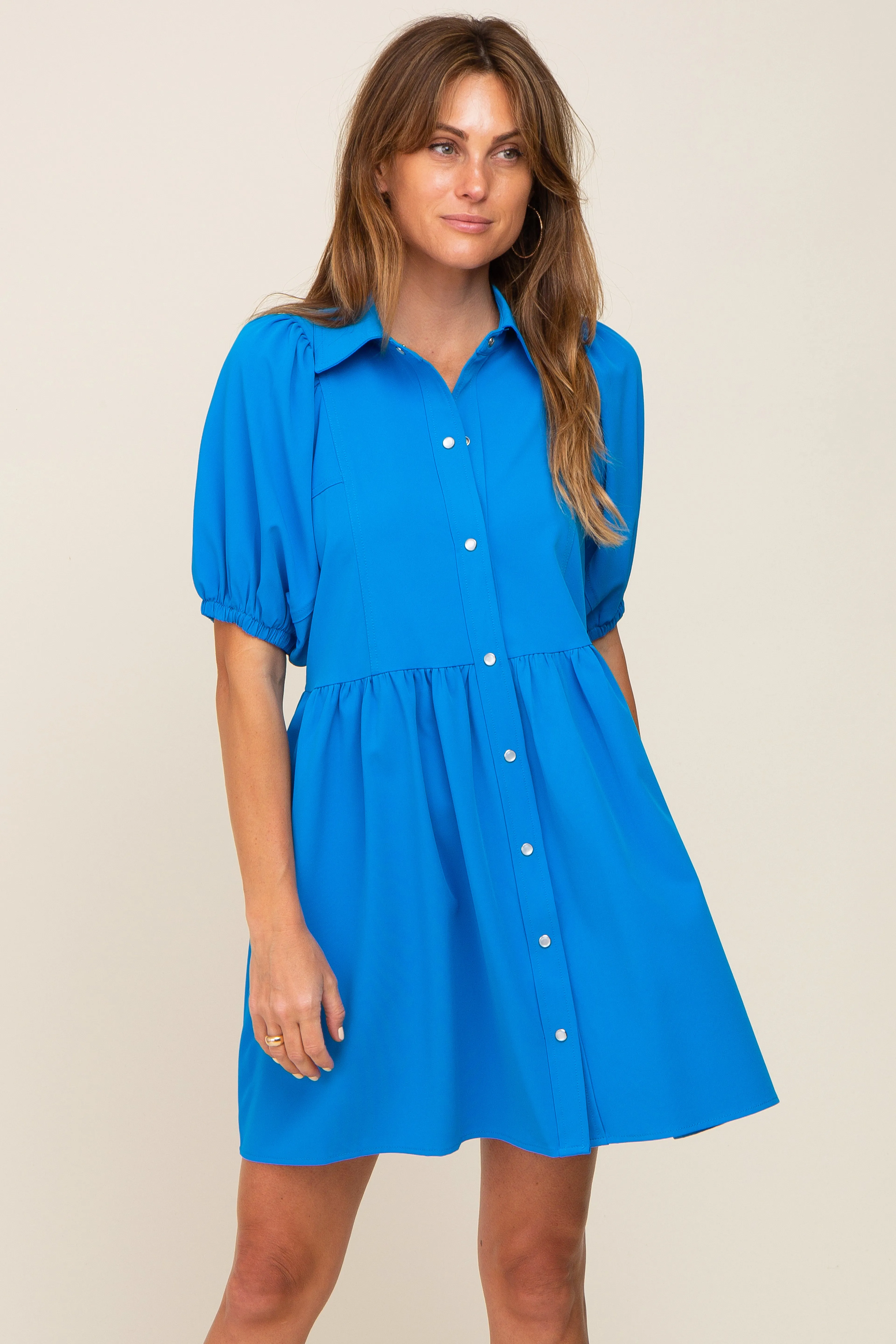 Aqua Button Down Maternity Mini Dress