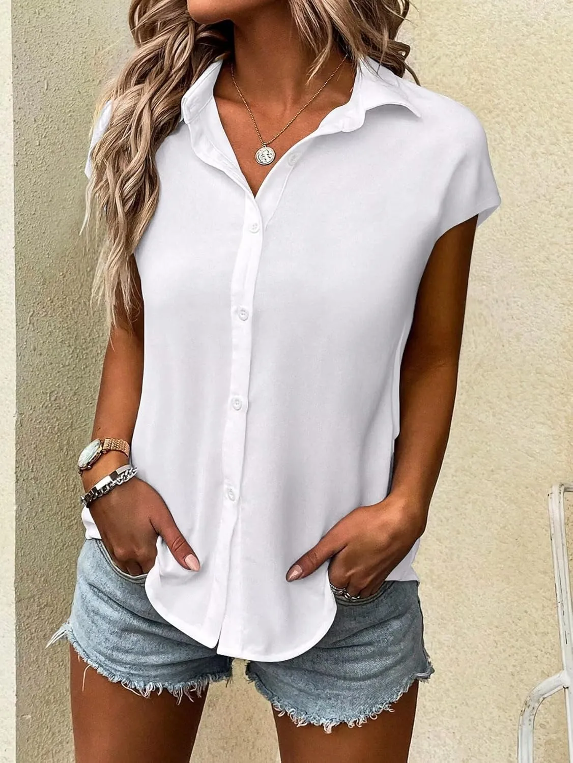Bliwov Womens Summer Tops Solid Cap Sleeve Button Down Shirts Beach Vacation Clothes Turn-Down Collar Causal Regular Blouses