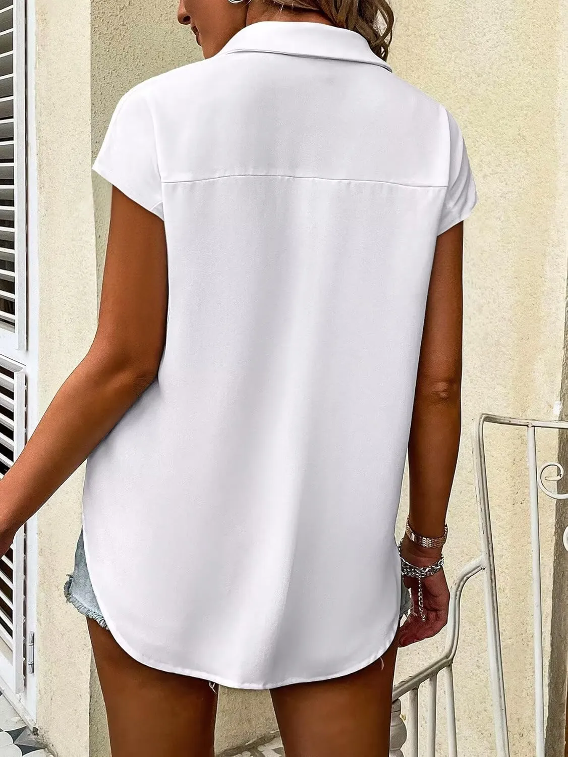 Bliwov Womens Summer Tops Solid Cap Sleeve Button Down Shirts Beach Vacation Clothes Turn-Down Collar Causal Regular Blouses