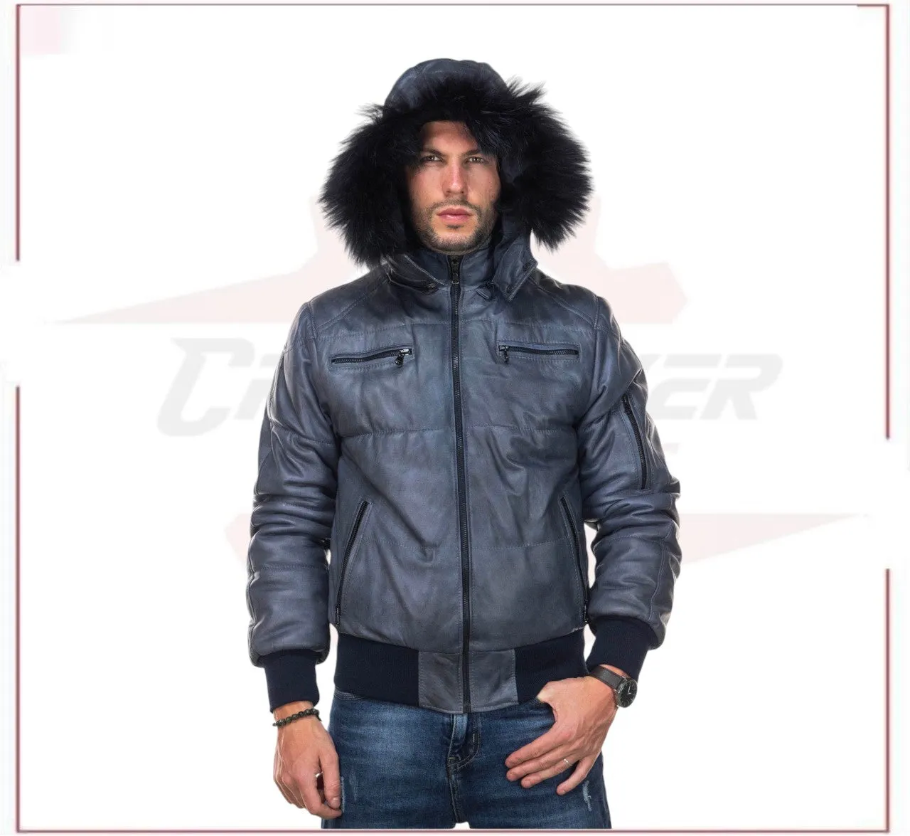 Boston - Men's Down Jacket in Genuine Blue Leather