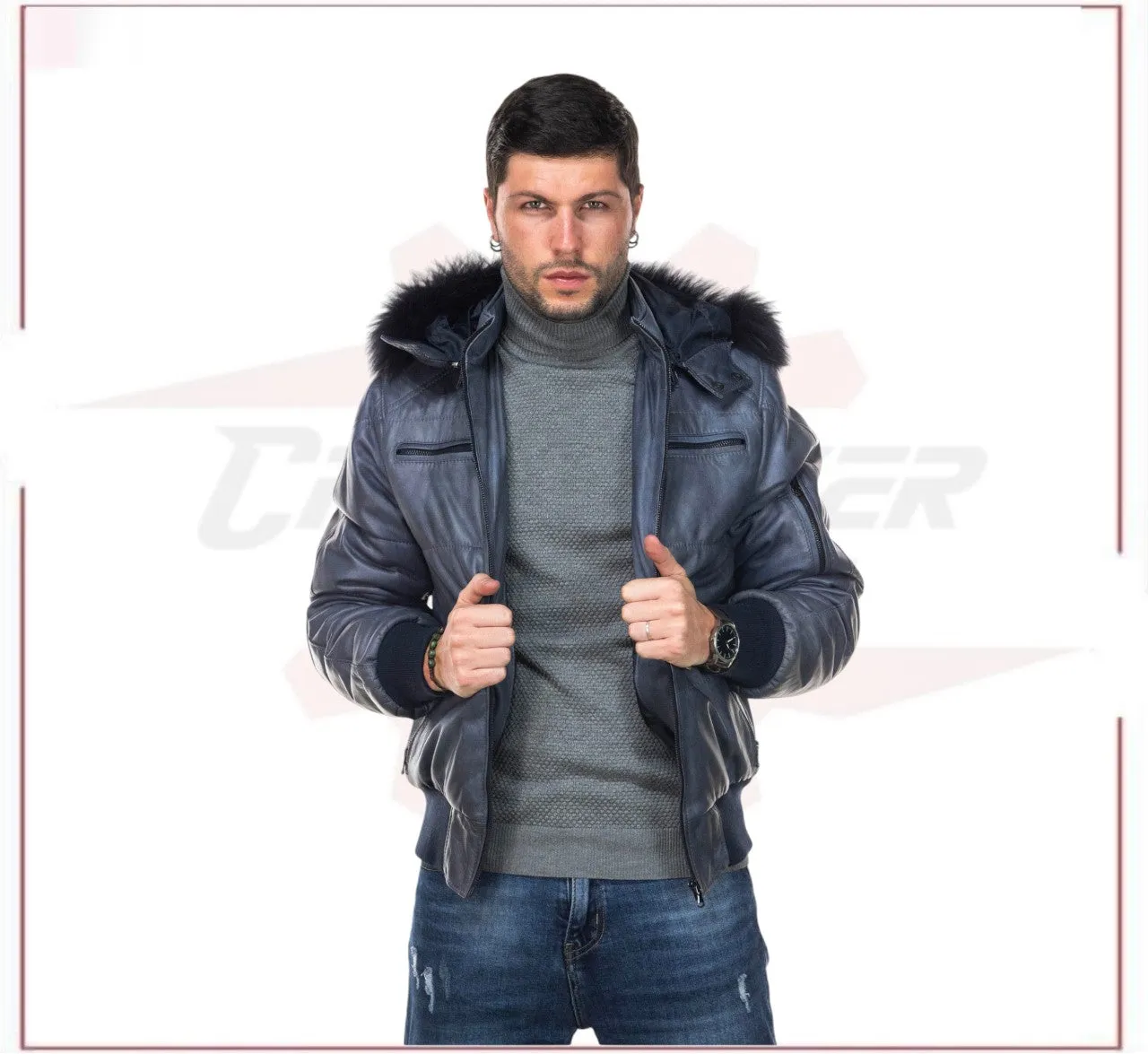 Boston - Men's Down Jacket in Genuine Blue Leather