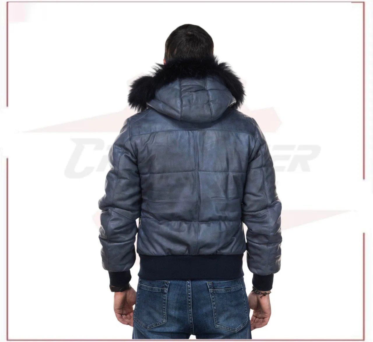 Boston - Men's Down Jacket in Genuine Blue Leather
