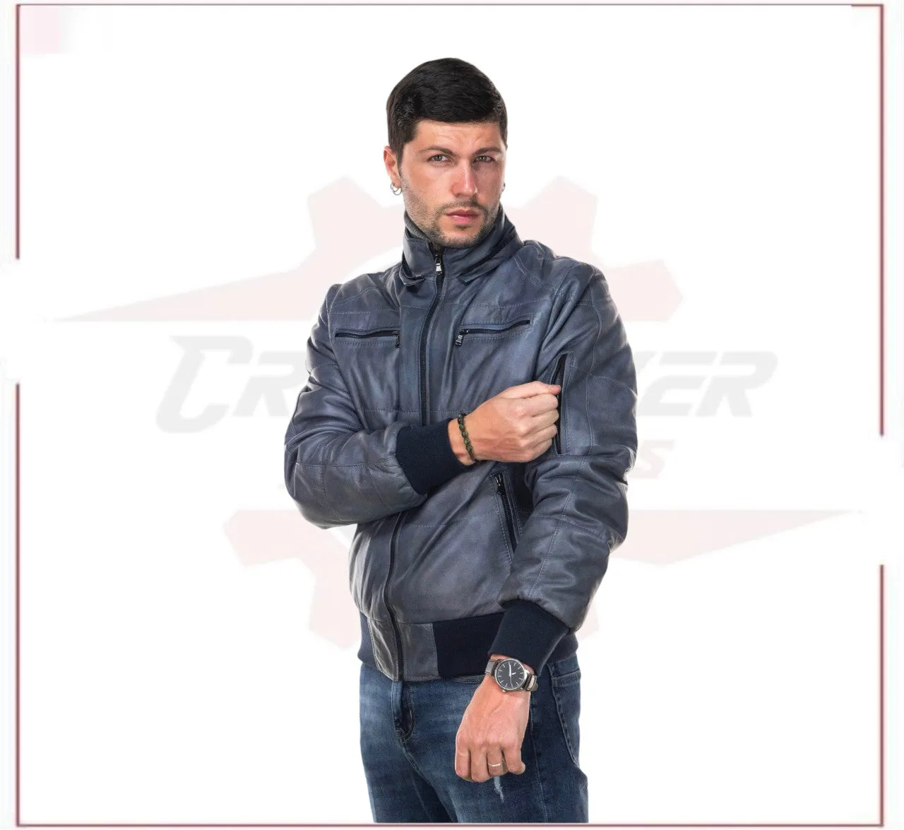 Boston - Men's Down Jacket in Genuine Blue Leather