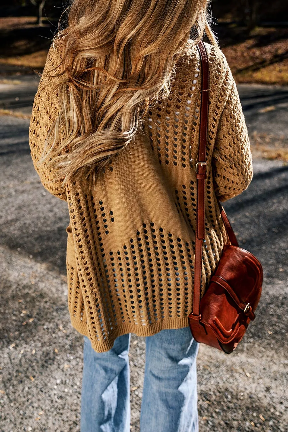 Camel Pointelle Knit Pocket Open Front Cardigan