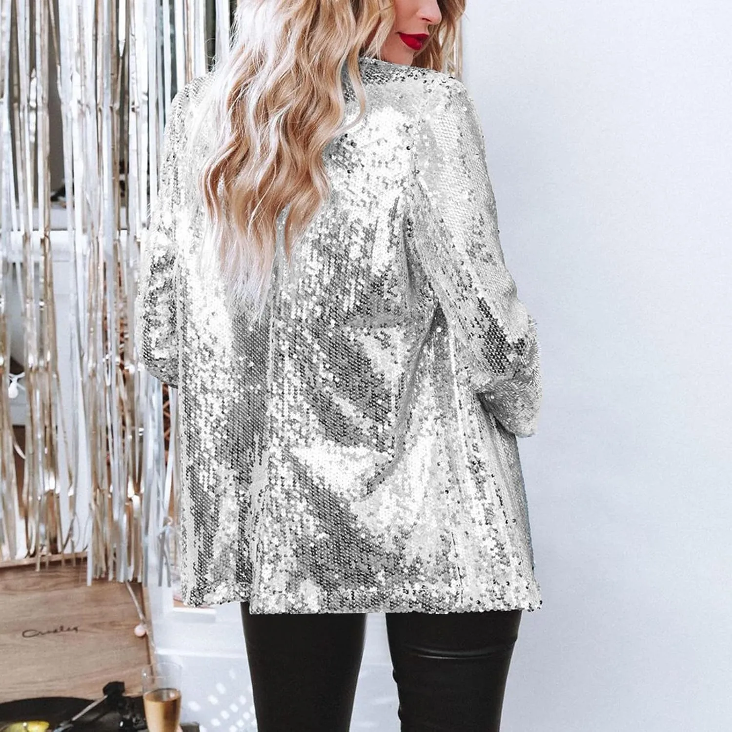cooki Sequin Blazer Jackets for Women Evening Bling Sequin Jacket Open Front Work Blazer Long Sleeve Lapel Cardigan Coat
