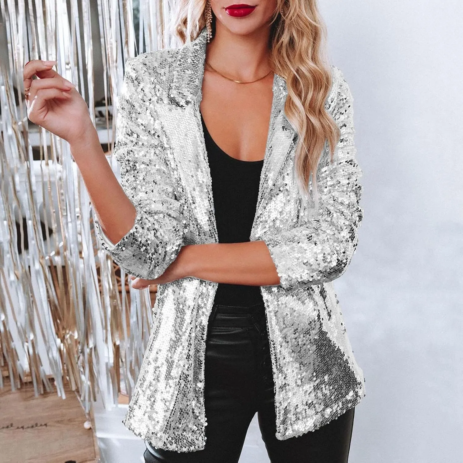 cooki Sequin Blazer Jackets for Women Evening Bling Sequin Jacket Open Front Work Blazer Long Sleeve Lapel Cardigan Coat