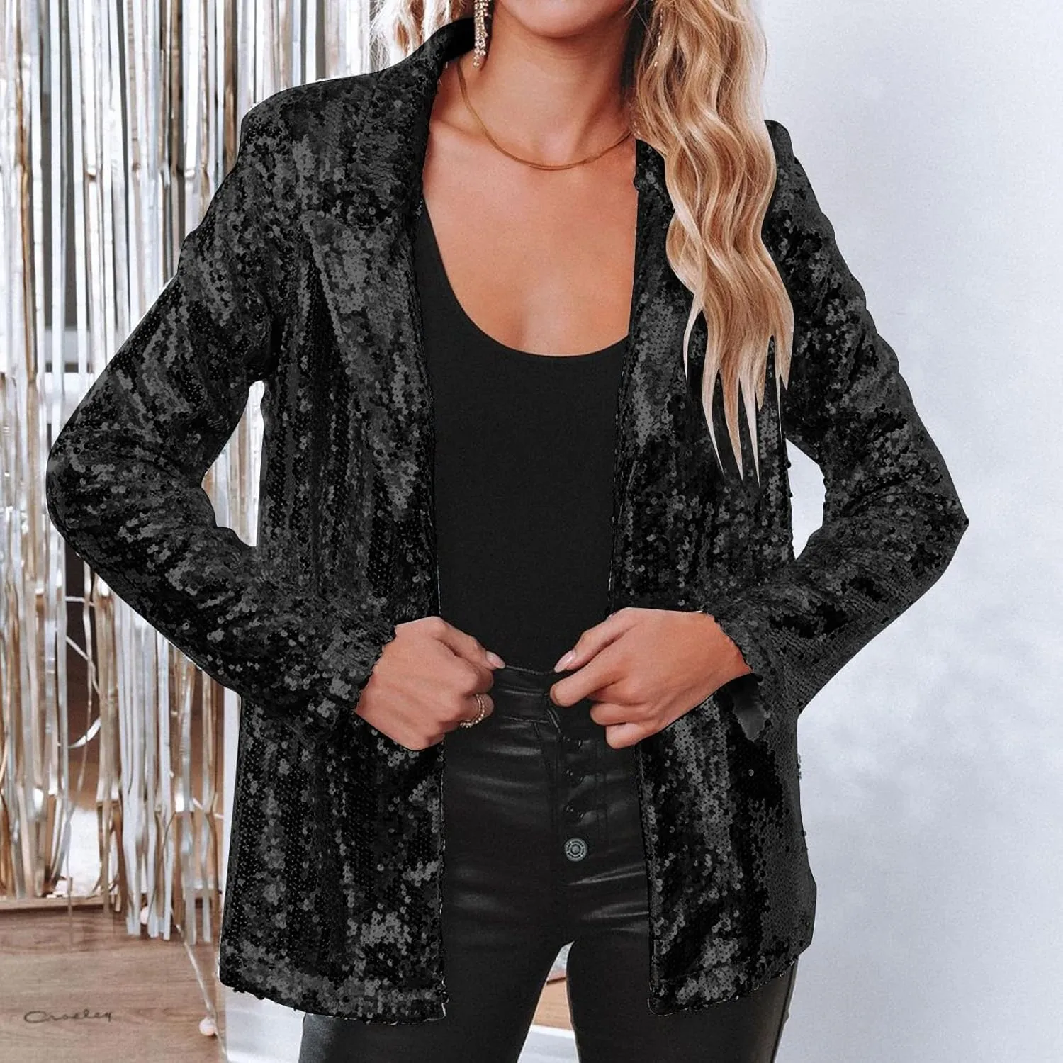 cooki Sequin Blazer Jackets for Women Evening Bling Sequin Jacket Open Front Work Blazer Long Sleeve Lapel Cardigan Coat
