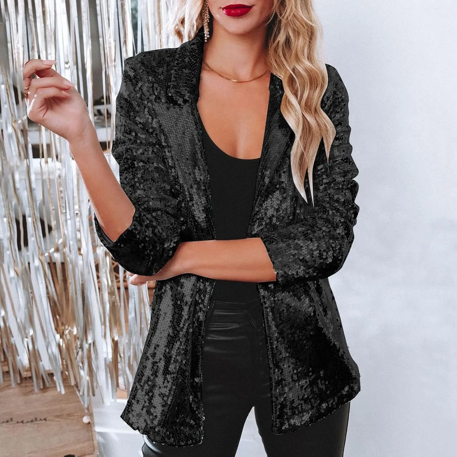cooki Sequin Blazer Jackets for Women Evening Bling Sequin Jacket Open Front Work Blazer Long Sleeve Lapel Cardigan Coat
