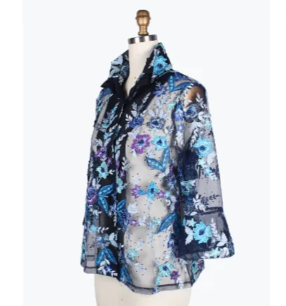Damee Beaded Floral Mesh Sheer Jacket in Blues, Purple & Black - 2380