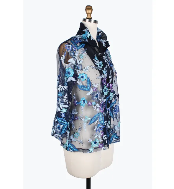 Damee Beaded Floral Mesh Sheer Jacket in Blues, Purple & Black - 2380