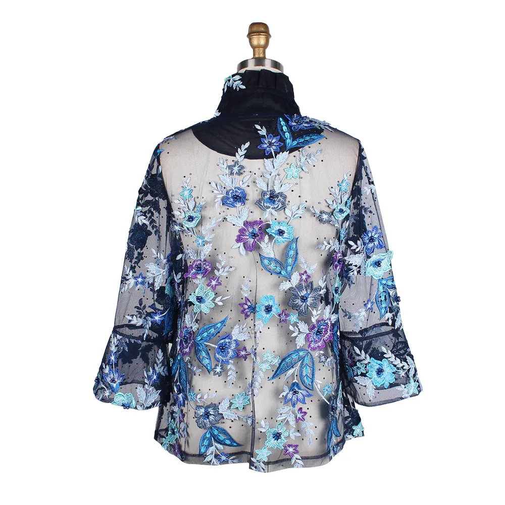 Damee Beaded Floral Mesh Sheer Jacket in Blues, Purple & Black - 2380