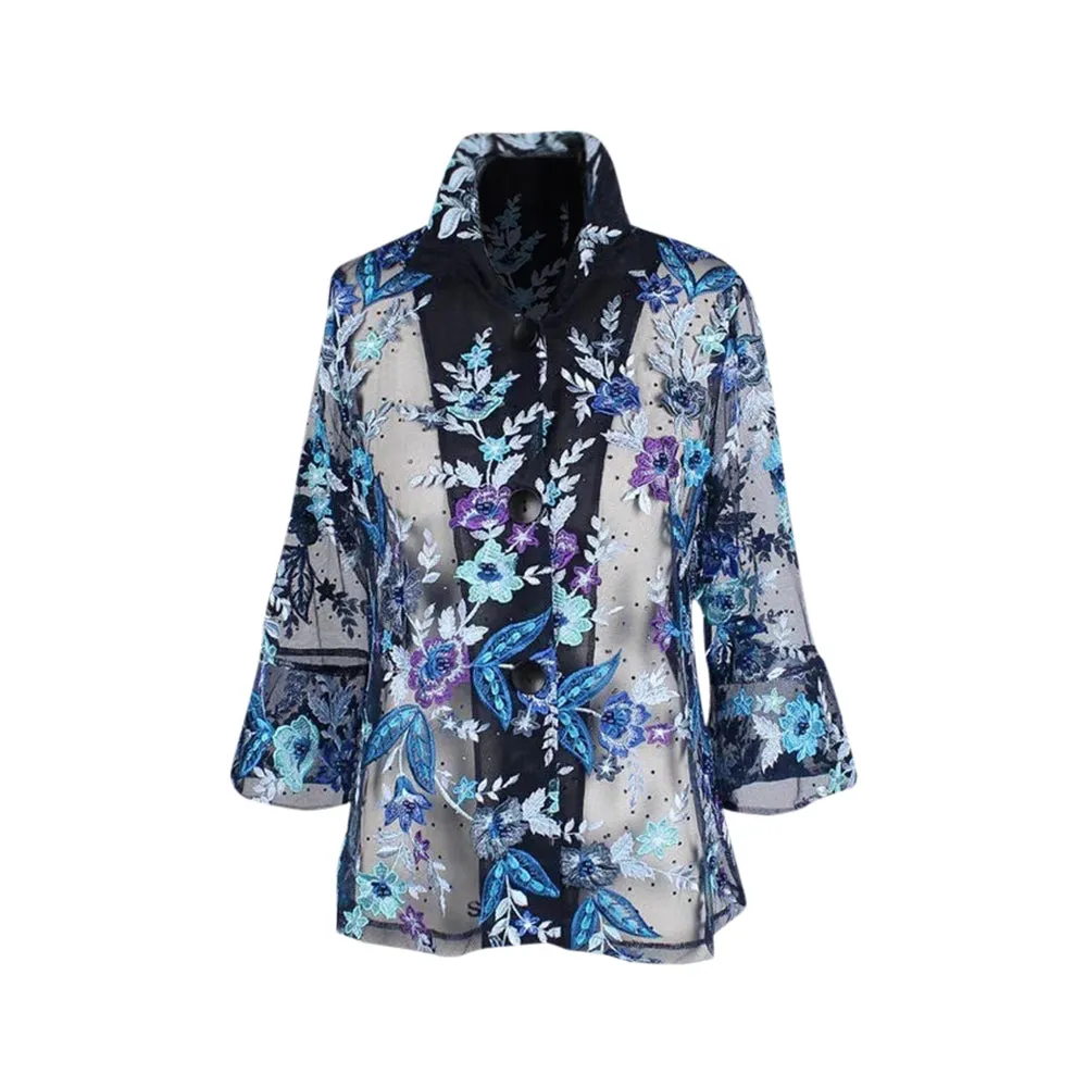 Damee Beaded Floral Mesh Sheer Jacket in Blues, Purple & Black - 2380