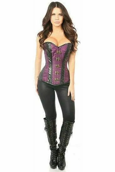 Deluxe Plum Brocade & Faux Leather Steel Boned Corset
