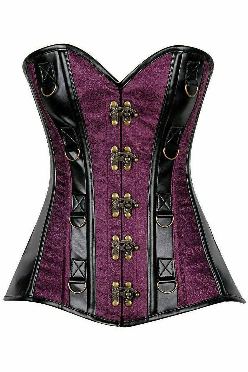 Deluxe Plum Brocade & Faux Leather Steel Boned Corset