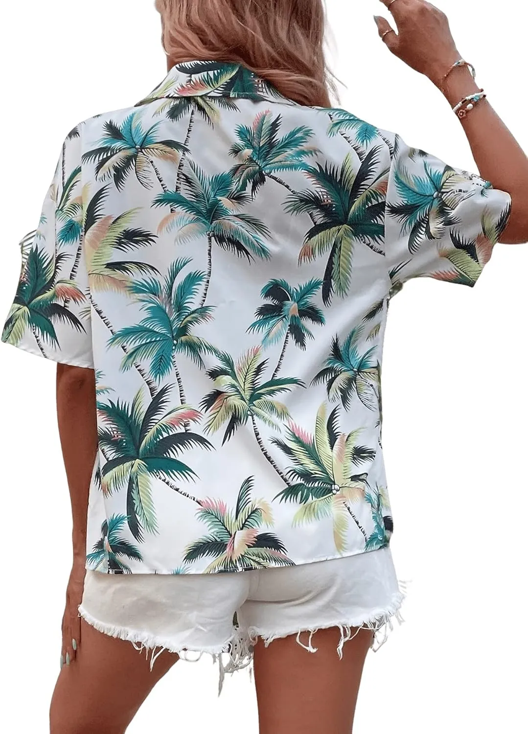 Floerns Women's Contrast Short Sleeve Button Down Collar Shirt Blouse Tops