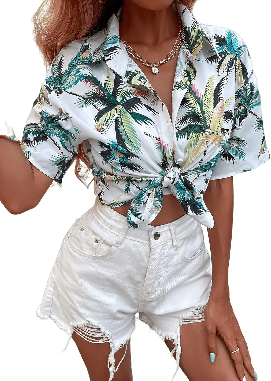 Floerns Women's Contrast Short Sleeve Button Down Collar Shirt Blouse Tops