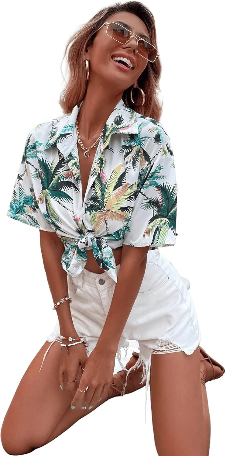 Floerns Women's Contrast Short Sleeve Button Down Collar Shirt Blouse Tops