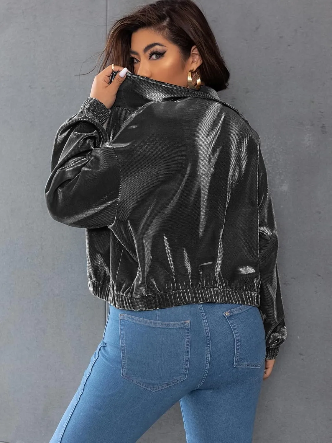 Floerns Women's Plus Size Metallic Holographic Stand Collar Long Sleeve Rave Reflective Jacket