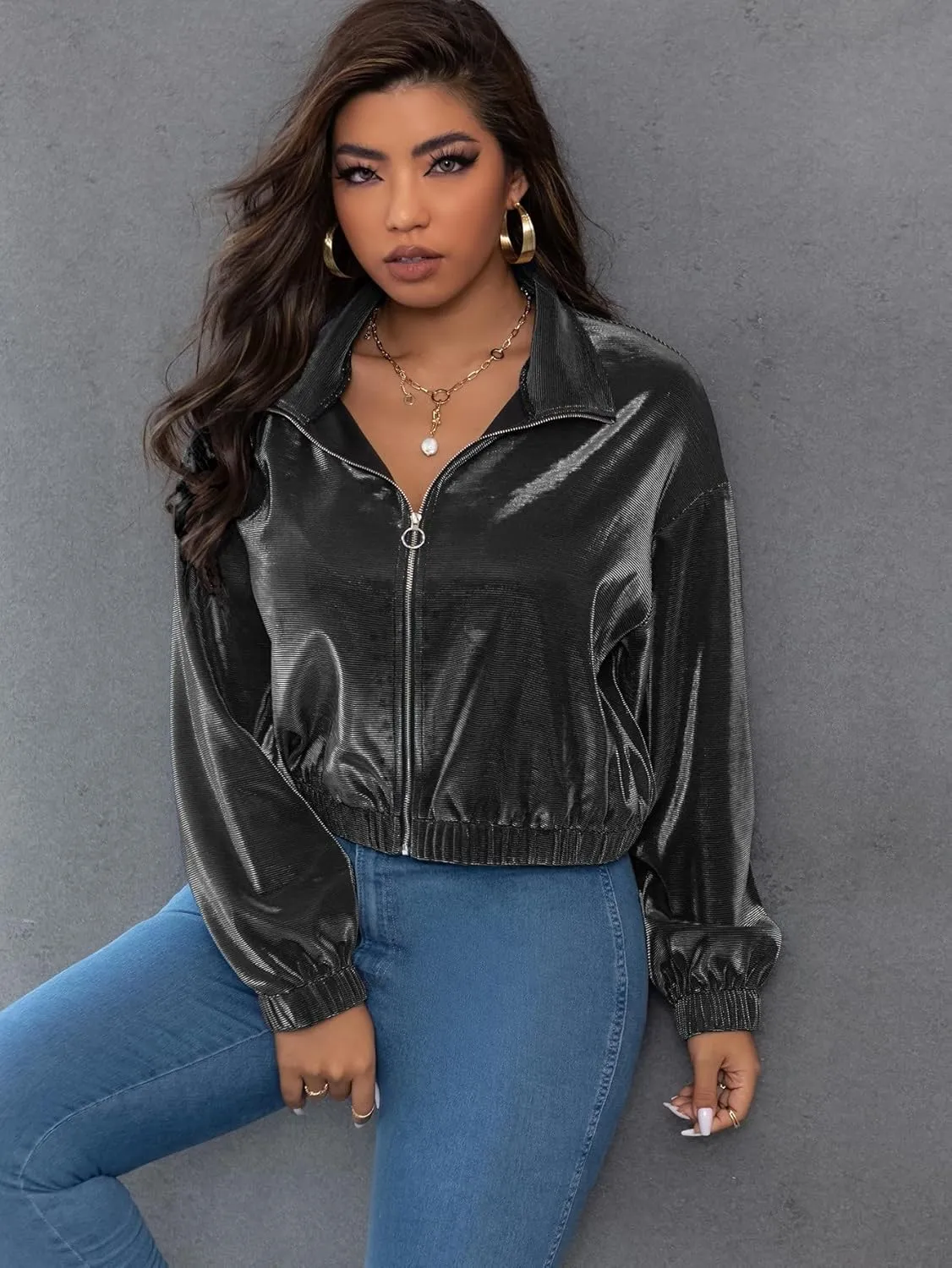Floerns Women's Plus Size Metallic Holographic Stand Collar Long Sleeve Rave Reflective Jacket