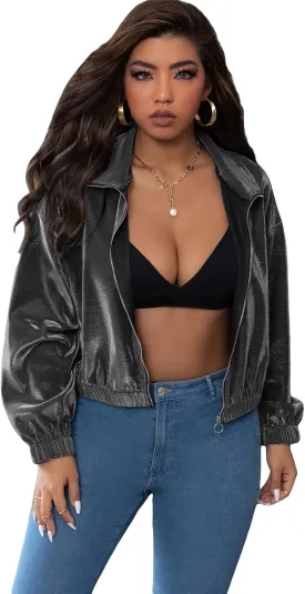 Floerns Women's Plus Size Metallic Holographic Stand Collar Long Sleeve Rave Reflective Jacket