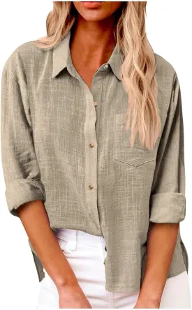 HXHYQKP Summer Tops for Women 2025 Button Down Shirt Cotton Linen Shirt Long Sleeve Solid Color Shirts with Pockets