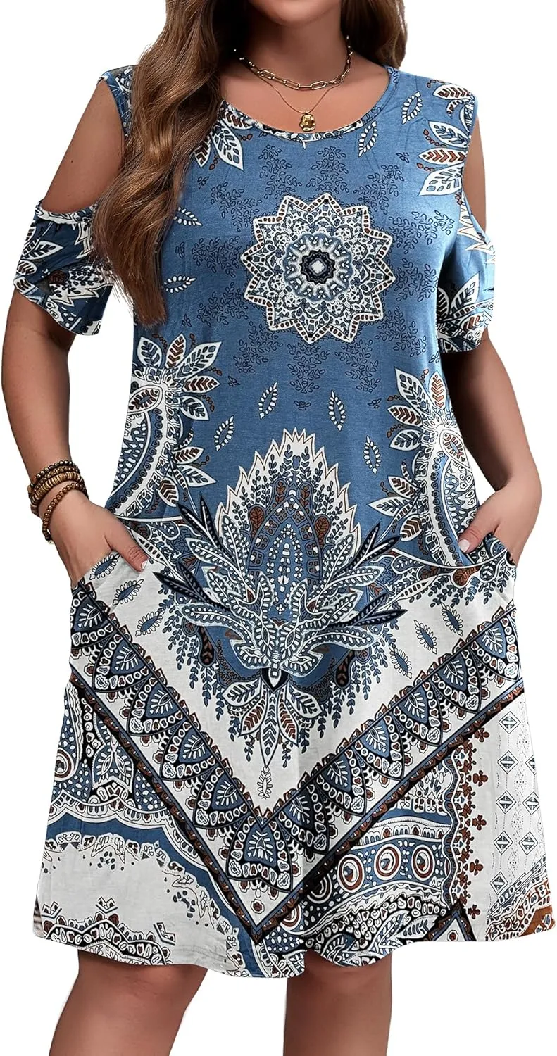 IN'VOLAND Women's Plus Size Summer Dress Short Sleeve Beach Floral Crew Neck Casual Mini Dresses with Pockets