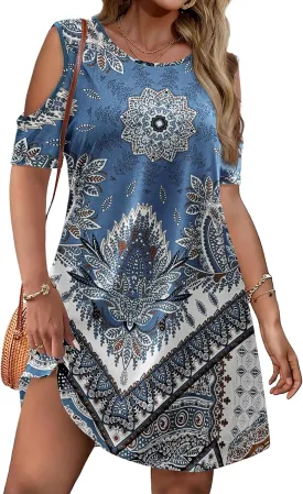 IN'VOLAND Women's Plus Size Summer Dress Short Sleeve Beach Floral Crew Neck Casual Mini Dresses with Pockets