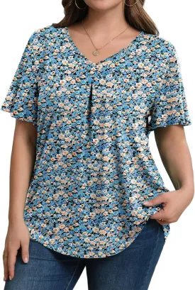 IN'VOLAND Womens Plus Size Tops Summer Short Sleeve Tunic V Neck Dressy Flutter Sleeve Blouses Work Tops Casual T-Shirts