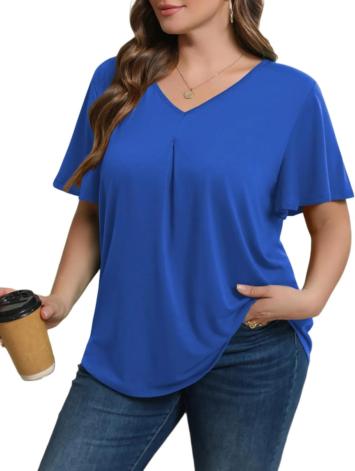 IN'VOLAND Womens Plus Size Tops Summer Short Sleeve Tunic V Neck Dressy Flutter Sleeve Blouses Work Tops Casual T-Shirts