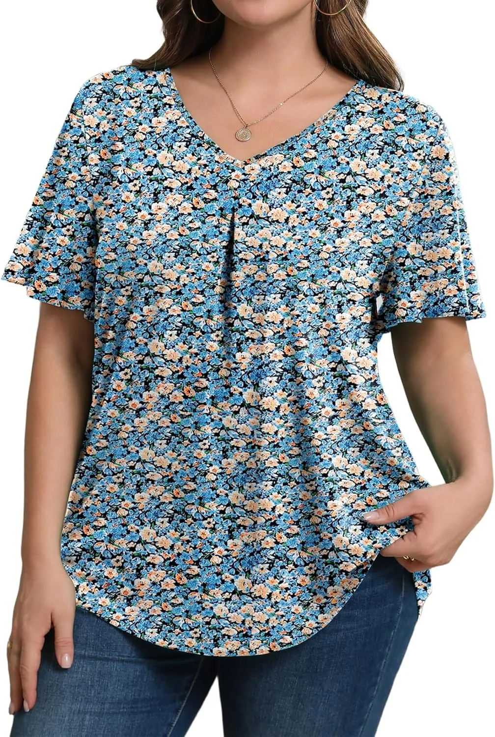IN'VOLAND Womens Plus Size Tops Summer Short Sleeve Tunic V Neck Dressy Flutter Sleeve Blouses Work Tops Casual T-Shirts