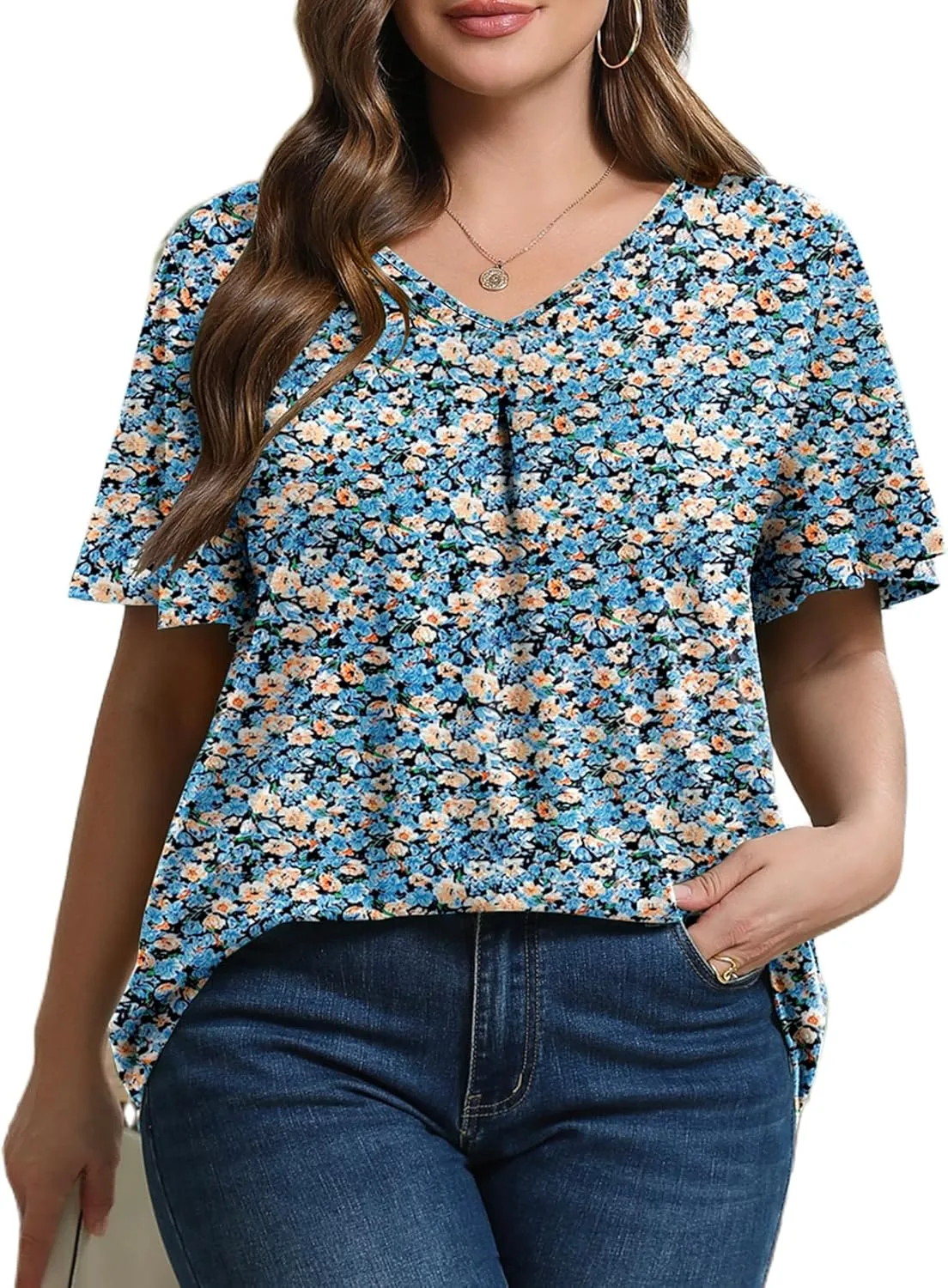 IN'VOLAND Womens Plus Size Tops Summer Short Sleeve Tunic V Neck Dressy Flutter Sleeve Blouses Work Tops Casual T-Shirts