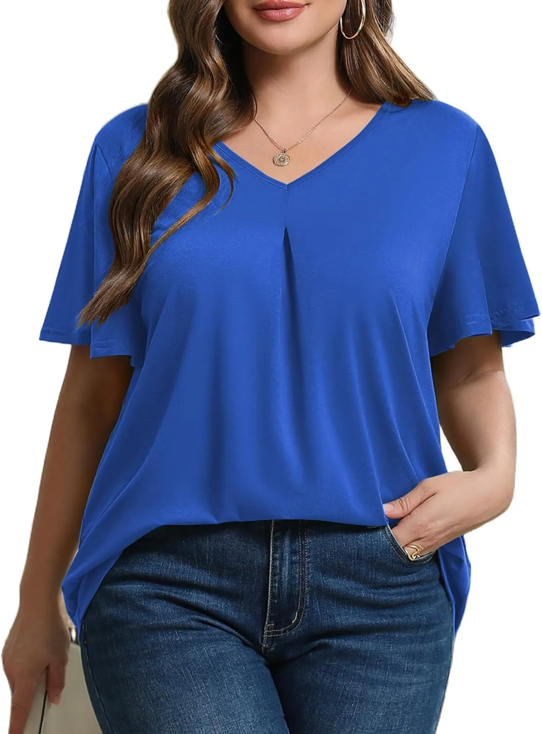 IN'VOLAND Womens Plus Size Tops Summer Short Sleeve Tunic V Neck Dressy Flutter Sleeve Blouses Work Tops Casual T-Shirts