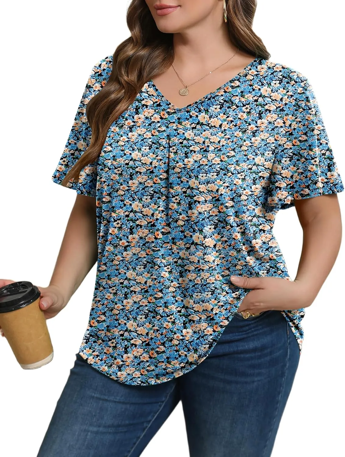 IN'VOLAND Womens Plus Size Tops Summer Short Sleeve Tunic V Neck Dressy Flutter Sleeve Blouses Work Tops Casual T-Shirts