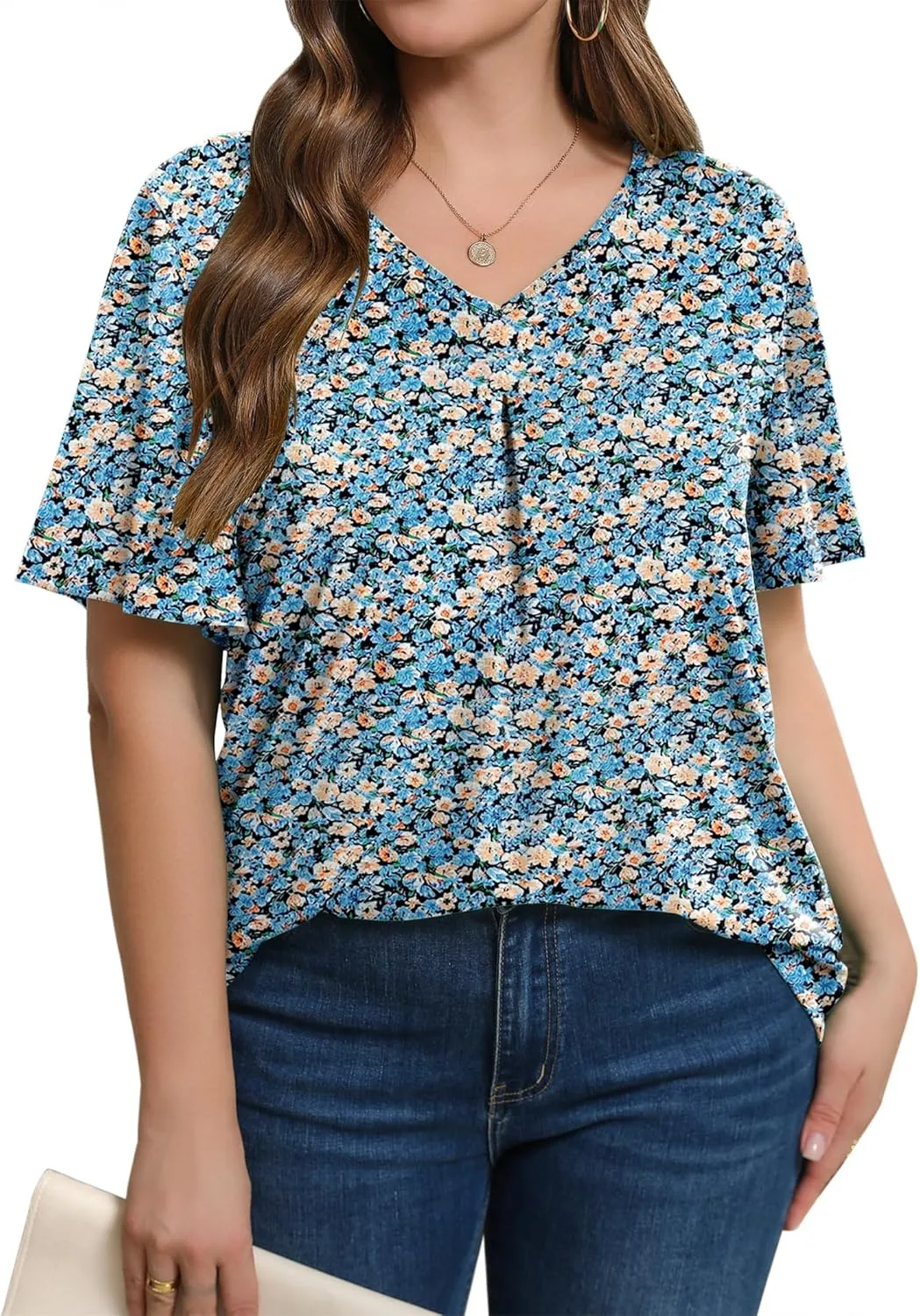 IN'VOLAND Womens Plus Size Tops Summer Short Sleeve Tunic V Neck Dressy Flutter Sleeve Blouses Work Tops Casual T-Shirts