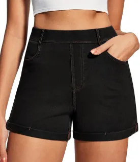 IUGA Stretchy Jorts Women Pull On Jean Shorts Womens High Waisted Folded Hem Denim Shorts Summer Casual with Pockets