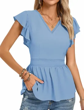 Kate Kasin Womens Summer Tops Dressy Casual V Neck Blouses Ruffled Elastic Waist Flowy Work Tummy Control Peplum Tops